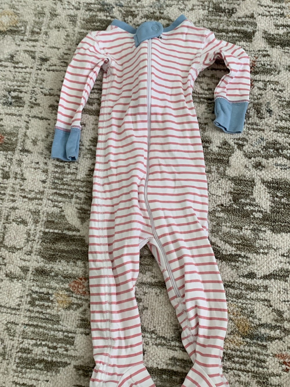 The Beaufort Bonnet Company Pink and White Striped Footie with Blue Cuffs